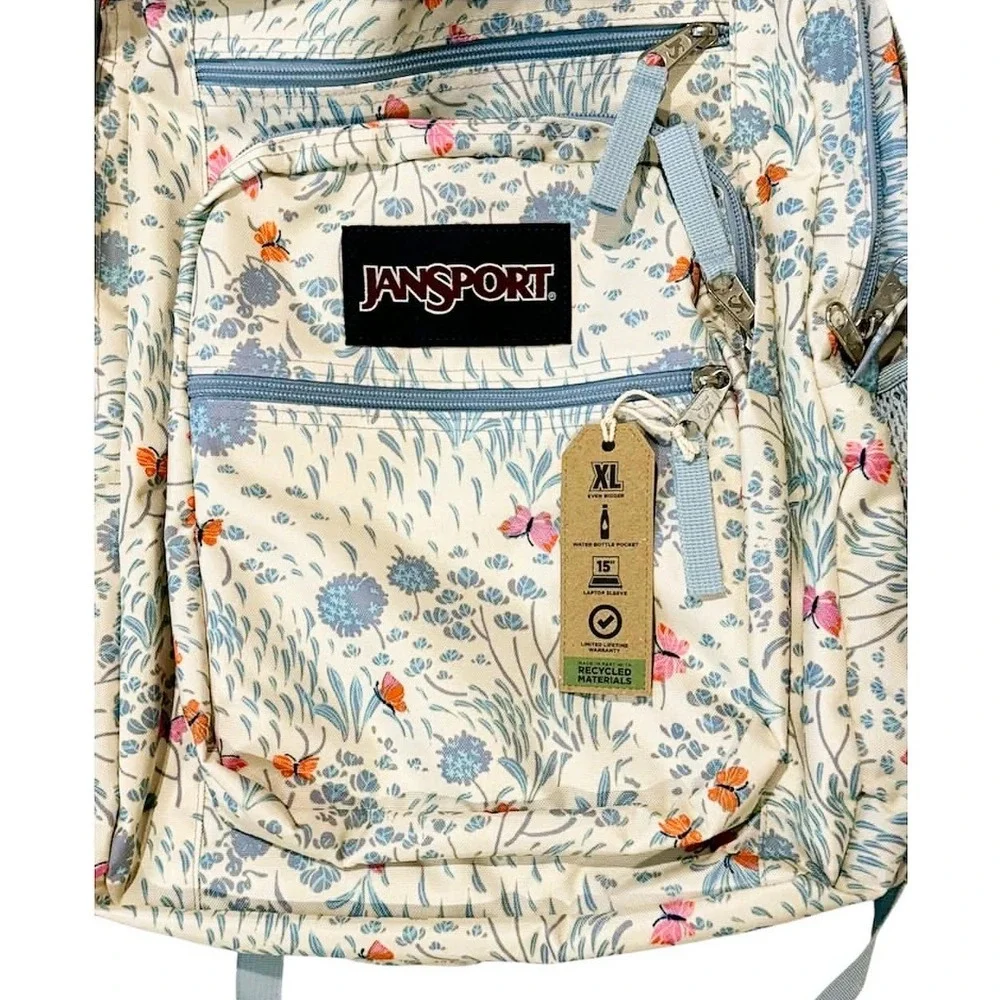 JanSport Big Student XL  17.5" Backpack Fluttering Fields (Floral Butterflies) - Picture 3 of 6